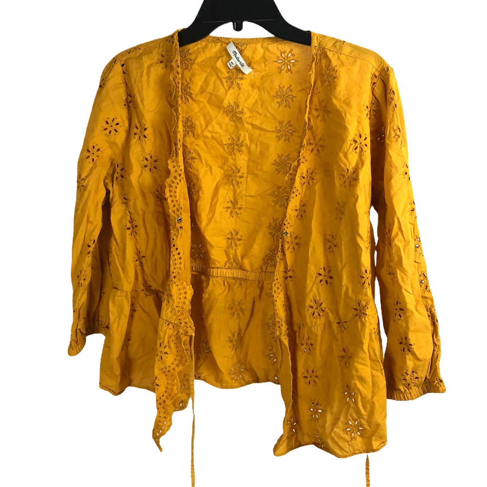 Madewell Yellow Wrap Eyelet Blouse Tie Top - Picture 3 of 6